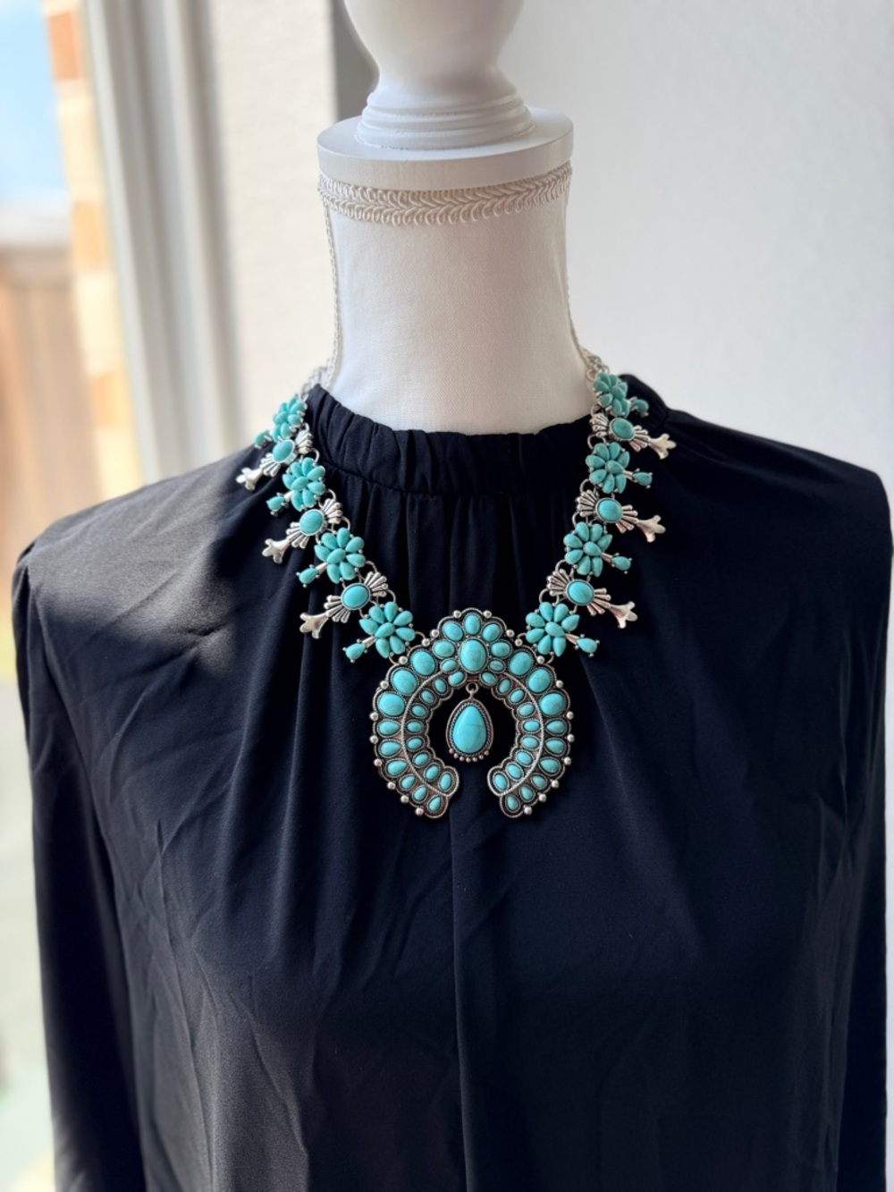 Western Fashion Turquoise Statement Squash Blossom Necklace - Women Jewelry